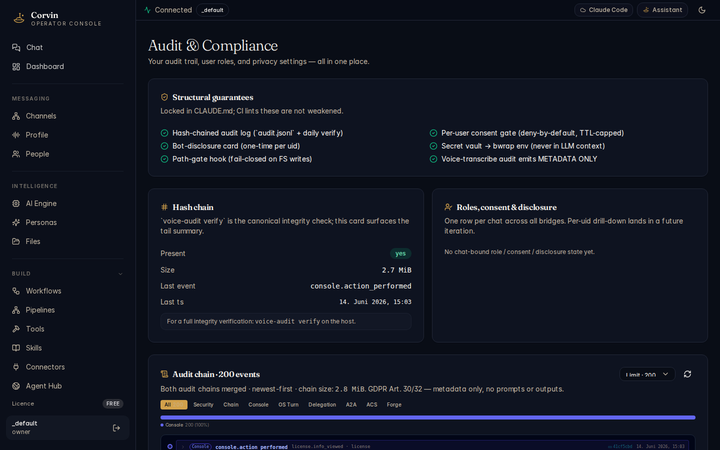 CorvinOS Audit and Compliance page